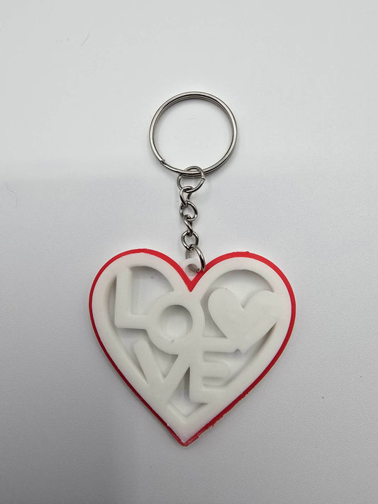 3D Printed Heart LOVE Keychain – White with Red Accent – Layered Design