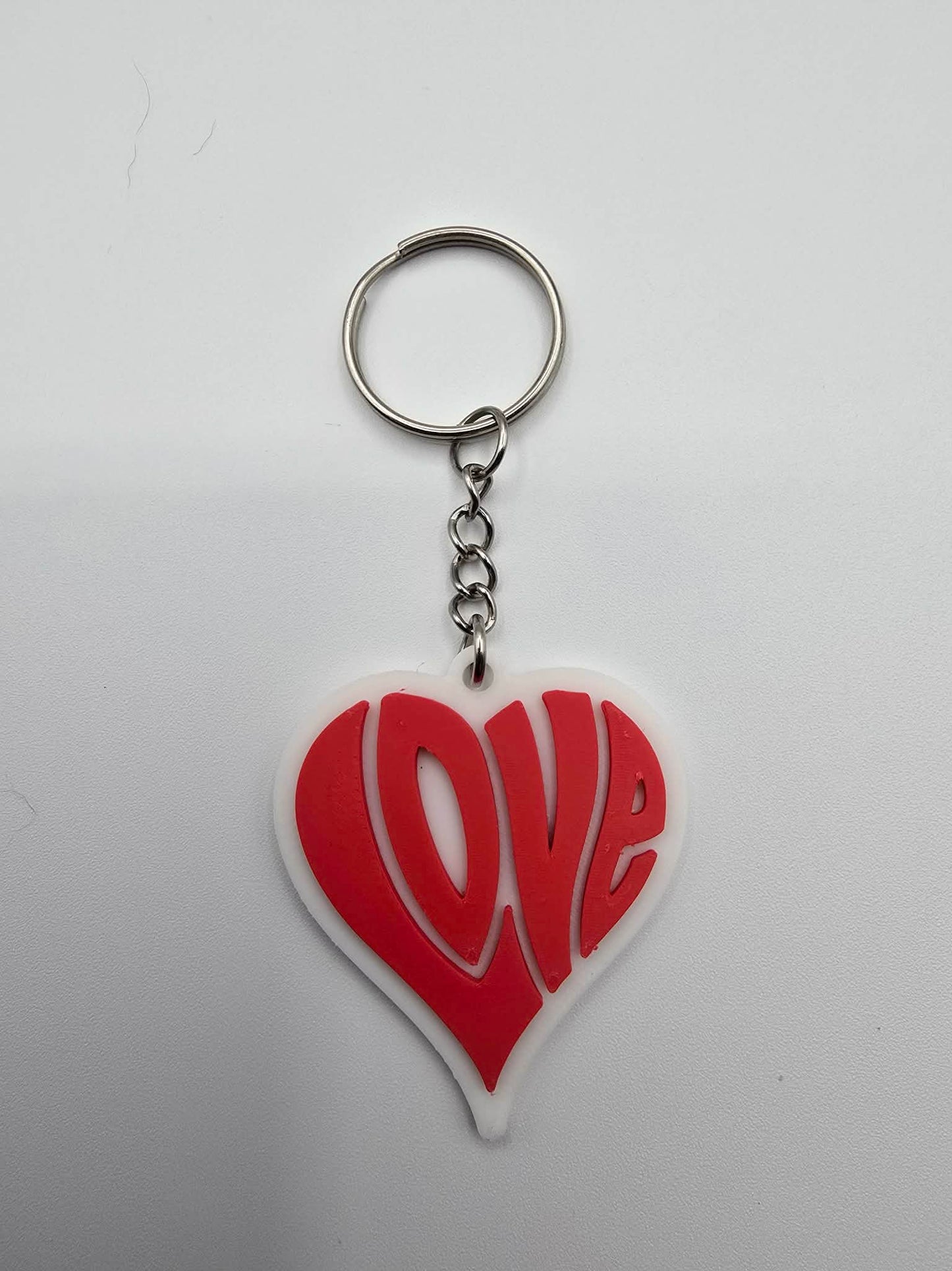 3D Printed Script LOVE Heart Keychain – Red & White – Layered Design