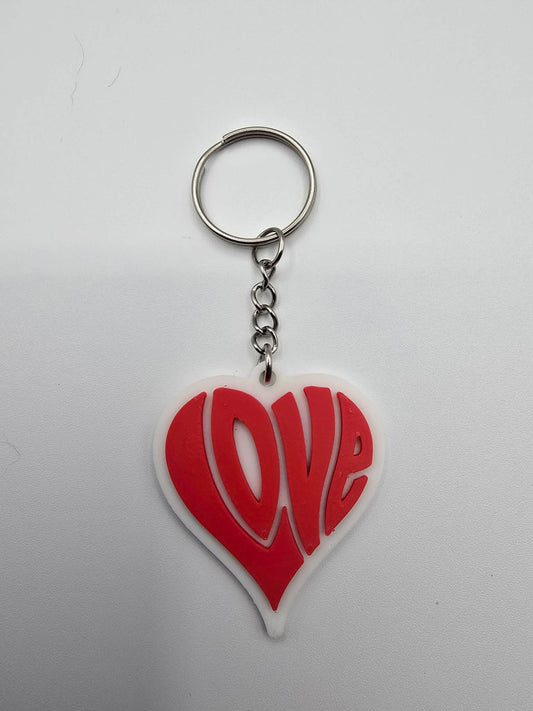 3D Printed Script LOVE Heart Keychain – Red & White – Layered Design